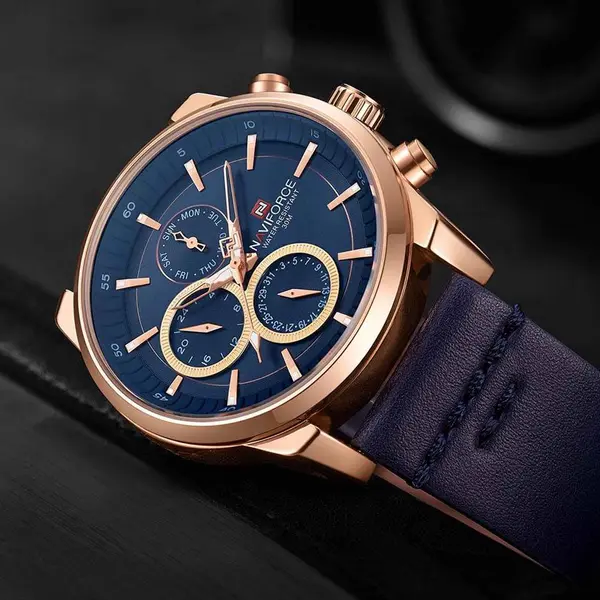 Naviforce NF9148 Custom Luxury Leather Strap Quartz Casual Men's Watch – Dial Color: Rose Gold, Strap Color: Blue – View 4
