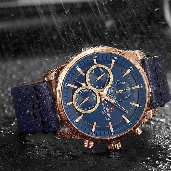 Naviforce NF9148 Custom Luxury Leather Strap Quartz Casual Men's Watch – Dial Color: Rose Gold, Strap Color: Blue – View 5