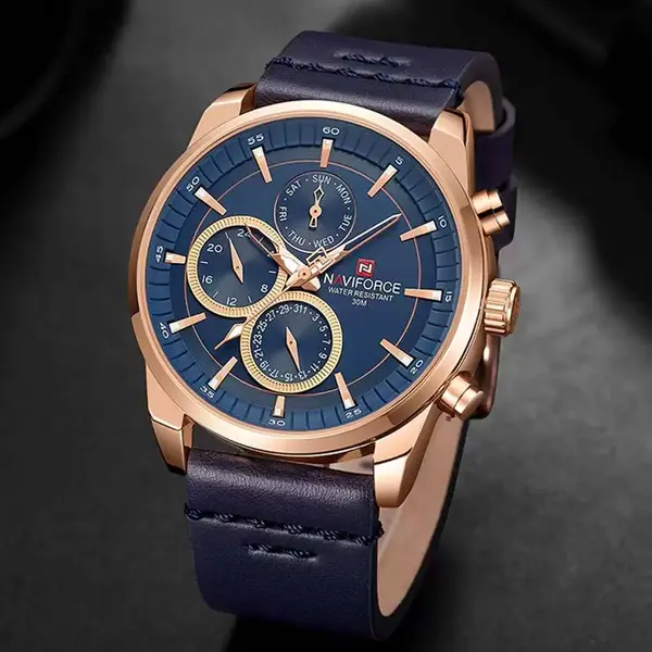 Naviforce NF9148 Custom Luxury Leather Strap Quartz Casual Men's Watch – Dial Color: Rose Gold, Strap Color: Blue – View 6