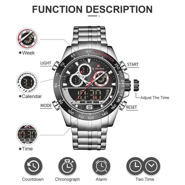 Naviforce NF9188 Luxury Stainless Steel Strap Analog Digital Sports Men's Watch – View 4
