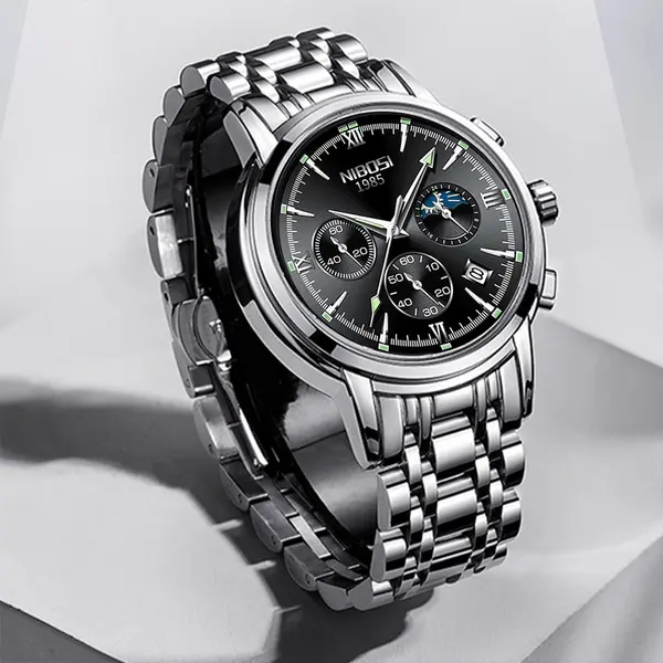 Nibosi 2516 High Quality Stainless Steel Luminous Men's Watch – Dial Color: Black, Strap Color: Silver – View 3