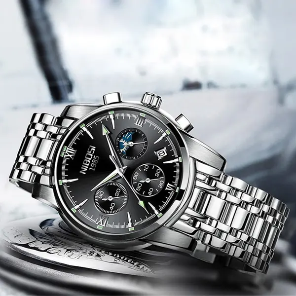 Nibosi 2516 High Quality Stainless Steel Luminous Men's Watch – Dial Color: Black, Strap Color: Silver – View 4
