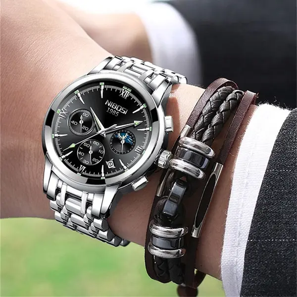 Nibosi 2516 High Quality Stainless Steel Luminous Men's Watch – Dial Color: Black, Strap Color: Silver – View 5