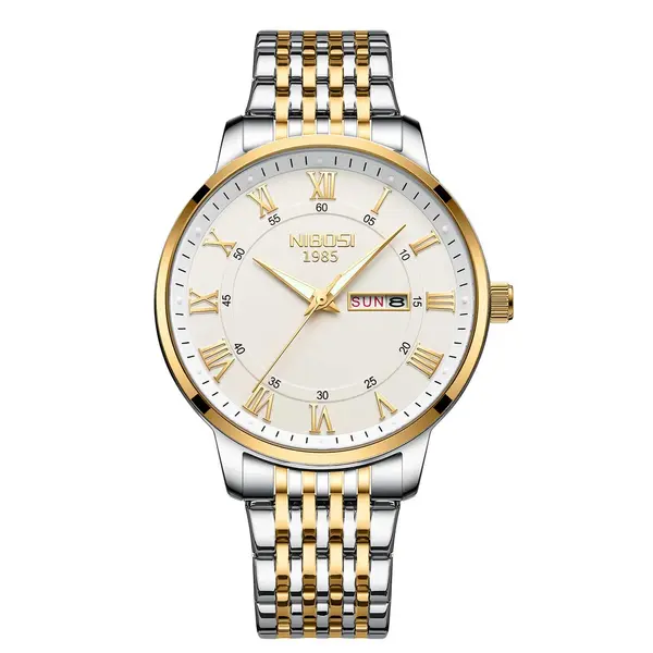 Nibosi 2569 Roman Number With Stainless Steel Analog Men's Watch – Dial Color: White Gold, Strap Color: White Gold – View 1