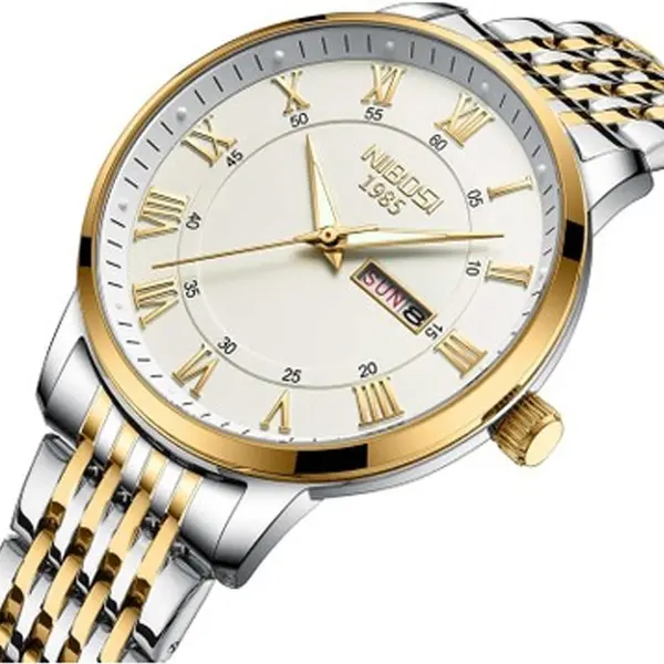 Nibosi 2569 Roman Number With Stainless Steel Analog Men's Watch – Dial Color: White Gold, Strap Color: White Gold – View 2