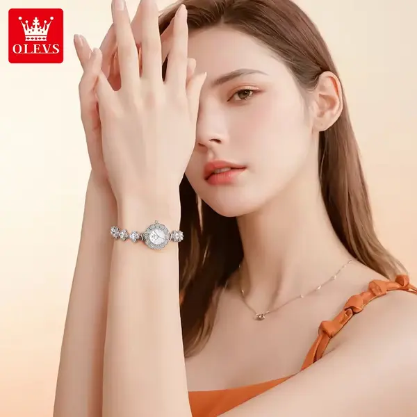 OLEVS 9813 Fashion High-grade Ins Design Niche Mermaid Diamond Encrusted Women's Watch – Dial Color: White, Strap Color: Silver – View 3