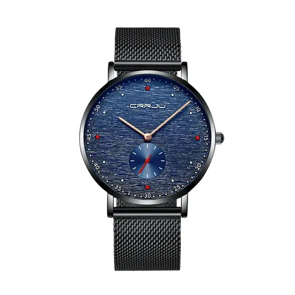 CRRJU 2163 Minimalist Stainless Steel Multifunctional Analog Quartz Men's Watch – Dial Color: Blue, Strap Color: Black – View 1