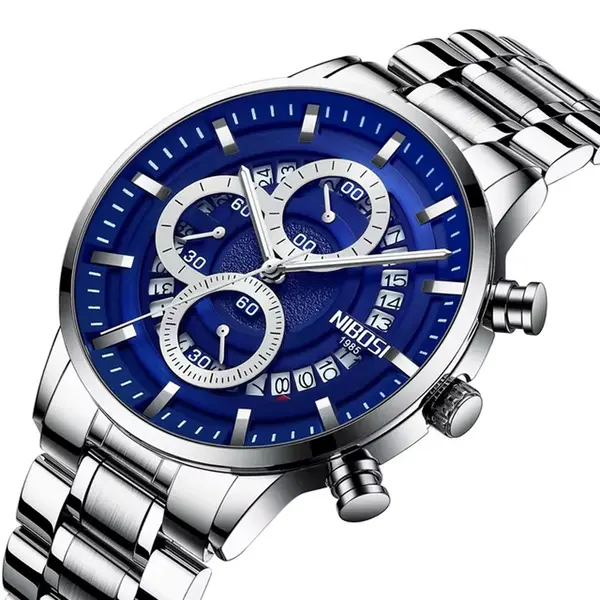 Nibosi 2369 Multifunction Stainless Steel Fashionable Men Watch – Dial Color: Blue, Strap Color: Silver – View 2