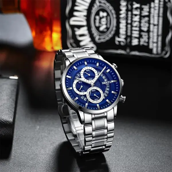 Nibosi 2369 Multifunction Stainless Steel Fashionable Men Watch – Dial Color: Blue, Strap Color: Silver – View 3