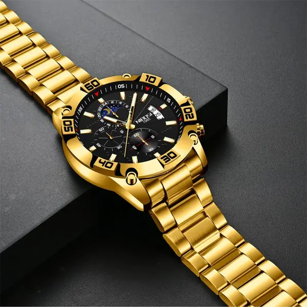 Nibosi 2502 Luxury Stainless Steel Strap With Luminous Men's Watch – Dial Color: Black Gold, Strap Color: Gold – View 2