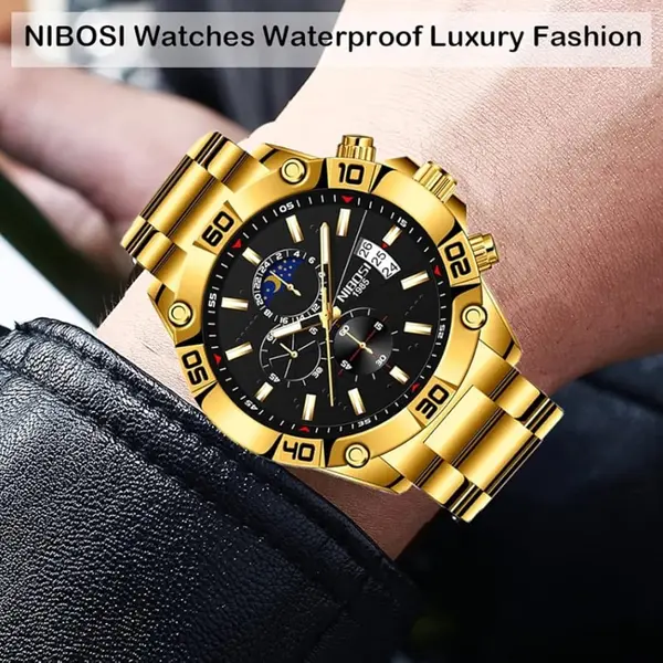 Nibosi 2502 Luxury Stainless Steel Strap With Luminous Men's Watch – Dial Color: Black Gold, Strap Color: Gold – View 3