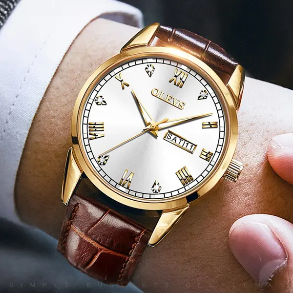 OLEVS 6896 Business Leather Strap Diamond Studded Gold Dial Waterproof Analog Wristwatch  – Dial Color: White Gold, Strap Color:  Brown  – View 5