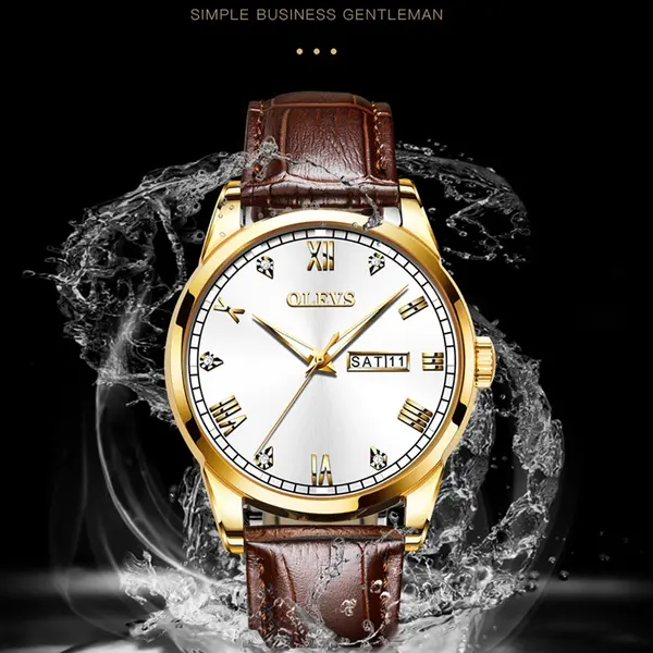 OLEVS 6896 Business Leather Strap Diamond Studded Gold Dial Waterproof Analog Wristwatch  – Dial Color: White Gold, Strap Color:  Brown  – View 3