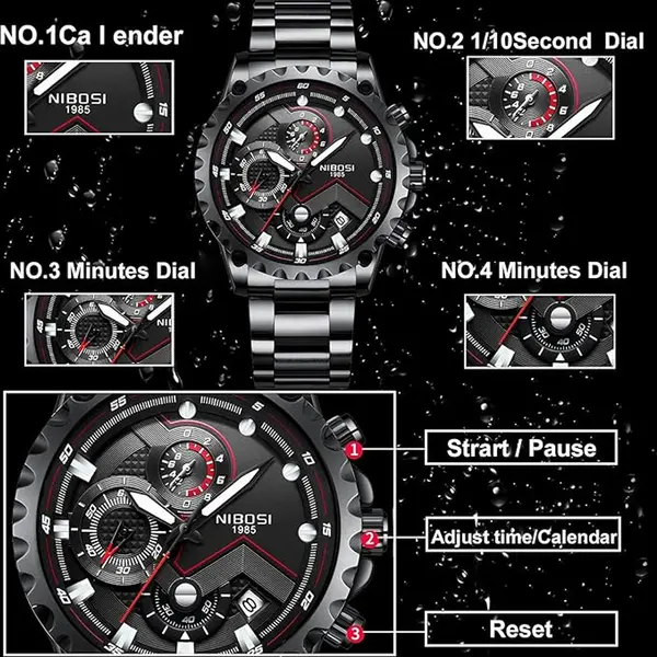 Nibosi 2322 Stylish Stainless Steel & Chronograph Men Watch – Dial Color: Black, Strap Color: Black – View 4