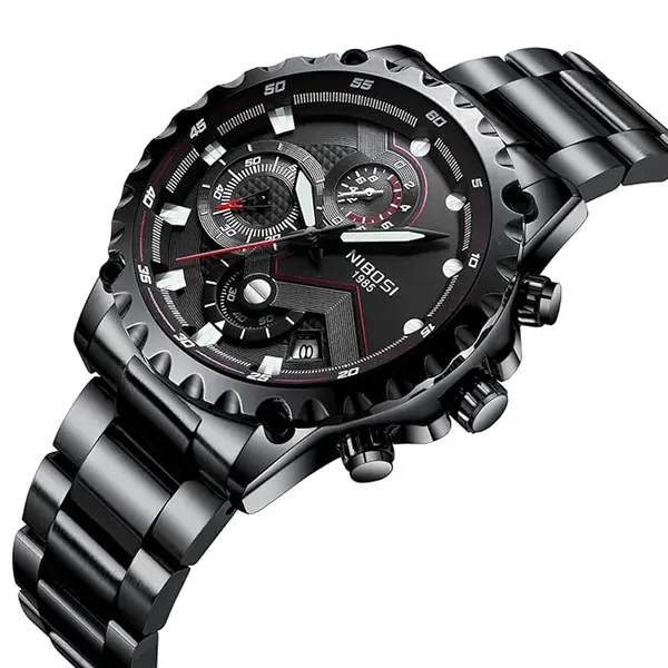 Nibosi 2322 Stylish Stainless Steel & Chronograph Men Watch – Dial Color: Black, Strap Color: Black – View 2