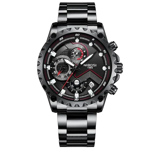 Nibosi 2322 Stylish Stainless Steel & Chronograph Men Watch – Dial Color: Black, Strap Color: Black – View 1