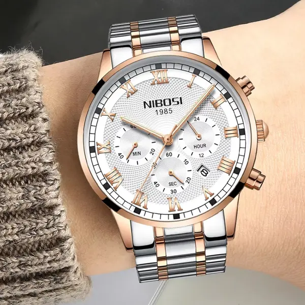 Nibosi 2339 Luxury Stainless Steel Casual Fashion Men's Watch – Dial Color: White, Strap Color: White – View 3