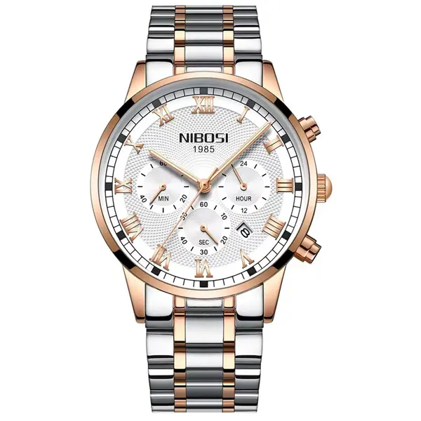 Nibosi 2339 Luxury Stainless Steel Casual Fashion Men's Watch – Dial Color: White, Strap Color: White – View 1