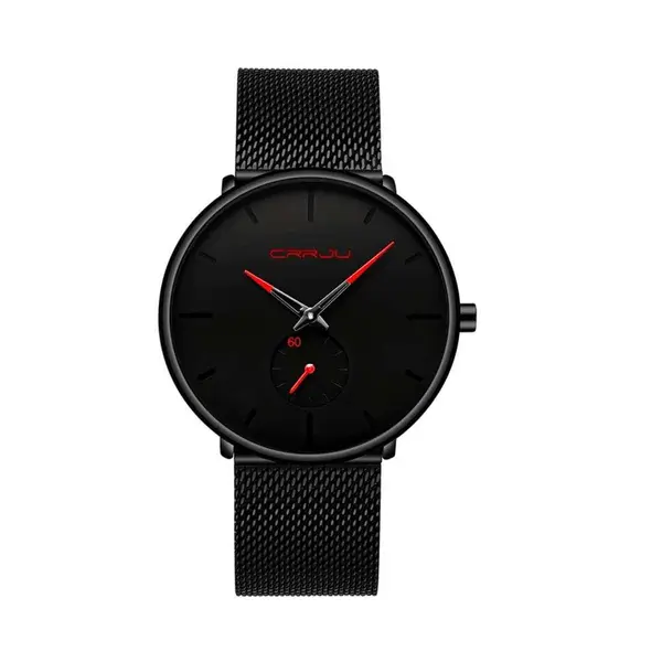 CRRJU 2150 Luxury Stainless Steel Slim Mesh Band Casual Men’s Watch – Dial Color: Red, Strap Color: Black – View 1