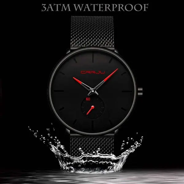 CRRJU 2150 Luxury Stainless Steel Slim Mesh Band Casual Men’s Watch – Dial Color: Red, Strap Color: Black – View 4