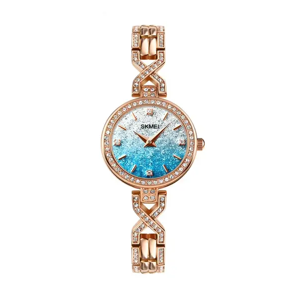 SKMEI 1738 Iced Elegant Round Dial Diamond Rhinestone Bracelet Design Women Watch – Dial Color: Blue, Strap Color:  Brown  – View 1