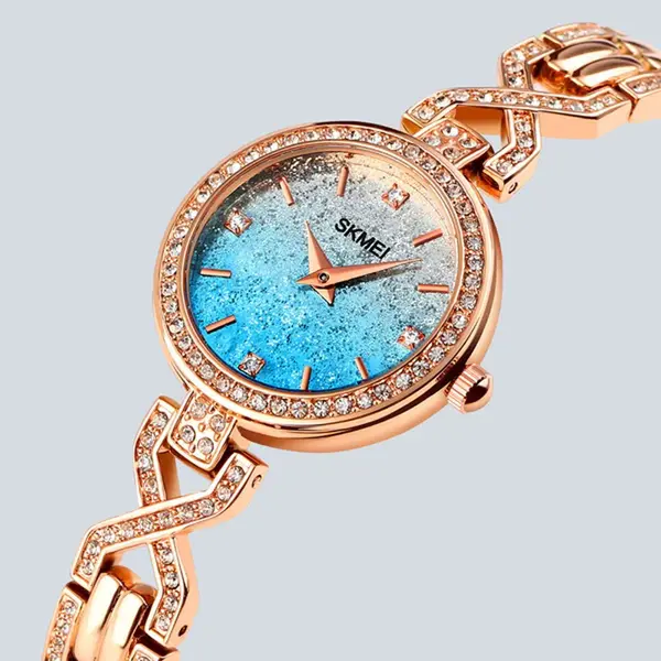 SKMEI 1738 Iced Elegant Round Dial Diamond Rhinestone Bracelet Design Women Watch – Dial Color: Blue, Strap Color:  Brown  – View 2