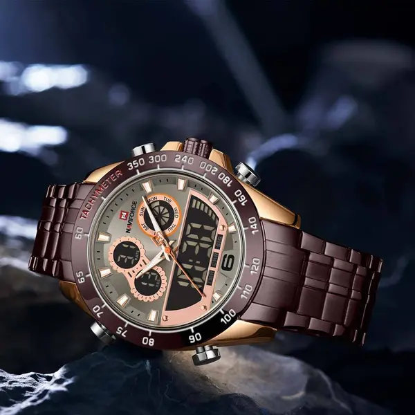 Naviforce NF9188 Luxury Stainless Steel Strap Analog Digital Sports Men's Watch – Dial Color: Rose Gold, Strap Color: Maroon – View 2