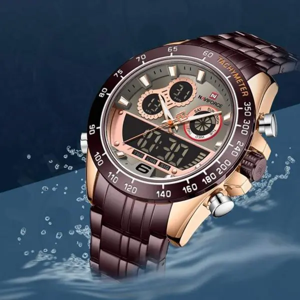 Naviforce NF9188 Luxury Stainless Steel Strap Analog Digital Sports Men's Watch – Dial Color: Rose Gold, Strap Color: Maroon – View 3