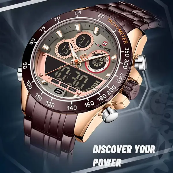 Naviforce NF9188 Luxury Stainless Steel Strap Analog Digital Sports Men's Watch – Dial Color: Rose Gold, Strap Color: Maroon – View 4