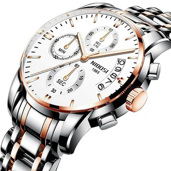 Nibosi 2353 High Quality Stainless Steel Analogue Men's Watch  – Dial Color: White, Strap Color: White – View 2