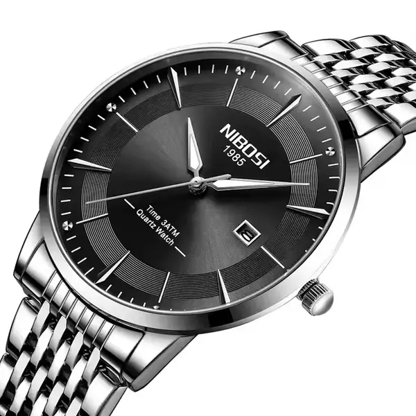 Nibosi 2525 Classic Stainless Steel Analog Fashion Men's Watch – Dial Color: Black, Strap Color: White – View 2