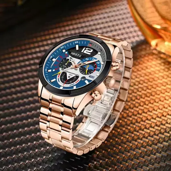 NIBOSI 2397 Luxury Stainless Steel Analog Men's Watch – Dial Color: Blue, Strap Color:  Brown  – View 4