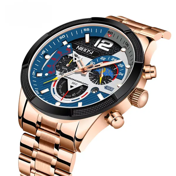 NIBOSI 2397 Luxury Stainless Steel Analog Men's Watch – Dial Color: Blue, Strap Color:  Brown  – View 2