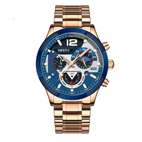 NIBOSI 2397 Luxury Stainless Steel Analog Men's Watch – Dial Color: Blue, Strap Color:  Brown  – View 1