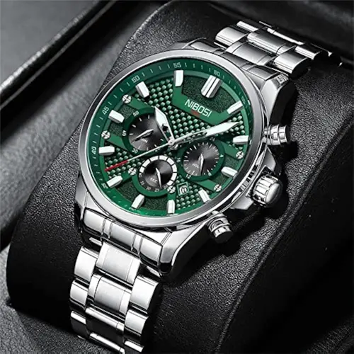 Nibosi 2512 High Quality Stainless Steel & Multifunction Chronograph Men's Watch – Dial Color: Green, Strap Color: Silver – View 4