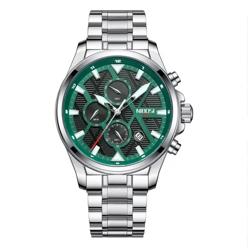 Nibosi 2512 High Quality Stainless Steel & Multifunction Chronograph Men's Watch – Dial Color: Green, Strap Color: Silver – View 1