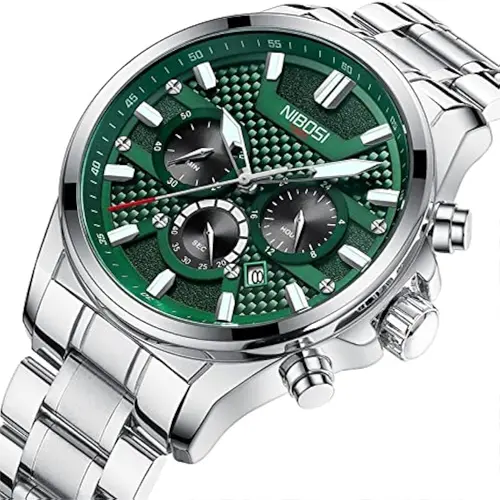 Nibosi 2512 High Quality Stainless Steel & Multifunction Chronograph Men's Watch – Dial Color: Green, Strap Color: Silver – View 3