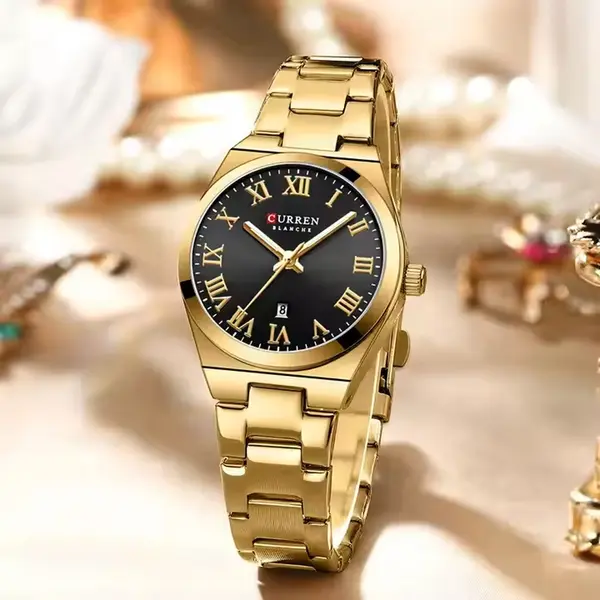 Curren 9095 Dial Quartz Elegant Stainless Steel Waterproof Women Watch – Dial Color: Black, Strap Color: Gold  – View 3