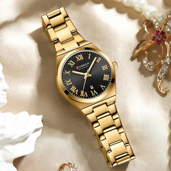 Curren 9095 Dial Quartz Elegant Stainless Steel Waterproof Women Watch – Dial Color: Black, Strap Color: Gold  – View 4