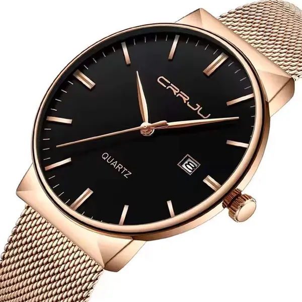 CRRJU 2213 Ultrathin Stainless Steel Multifunctional Analog Quartz Men's Watch – Dial Color: Black, Strap Color: Rose Gold – View 2