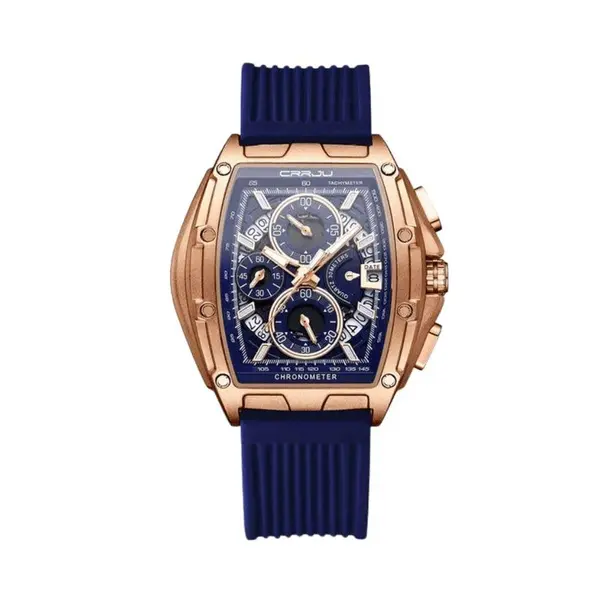 CRRJU 2317 Authentic Soft Silicone Strap Multifunctional Chronograph Sports Men's Watch – Dial Color: Gold, Strap Color: Blue – View 1