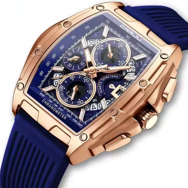 CRRJU 2317 Authentic Soft Silicone Strap Multifunctional Chronograph Sports Men's Watch – Dial Color: Gold, Strap Color: Blue – View 2