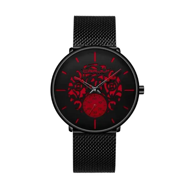 CRRJU 2150 Black Mesh Stainless Steel Ultra Slim Modern Fashion Men's Watch – Dial Color: Orange, Strap Color: Black – View 1