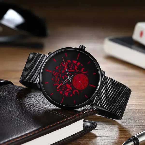 CRRJU 2150 Black Mesh Stainless Steel Ultra Slim Modern Fashion Men's Watch – Dial Color: Orange, Strap Color: Black – View 2