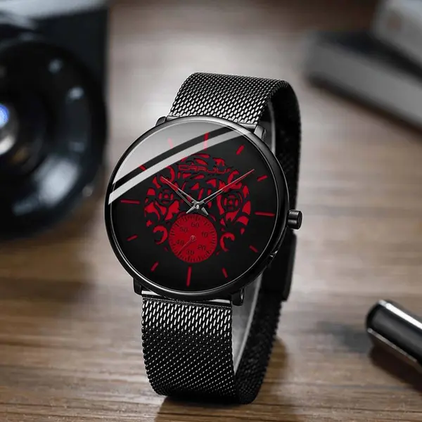 CRRJU 2150 Black Mesh Stainless Steel Ultra Slim Modern Fashion Men's Watch – Dial Color: Orange, Strap Color: Black – View 3