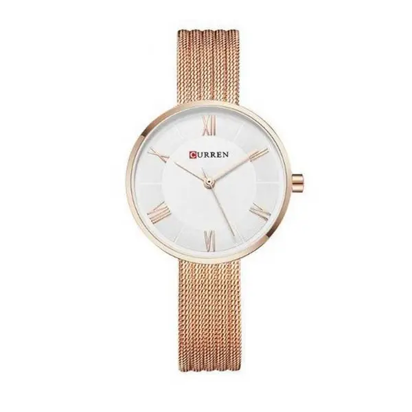 CURREN 9020 Mesh Stainless Steel Analog Watch For Women – Dial Color: White, Strap Color:  Brown  – View 1