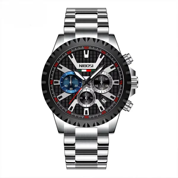 Nibosi 2505 High Quality Stainless Steel Fashionable Men's Watch – Dial Color: White Gold, Strap Color: Silver – View 1
