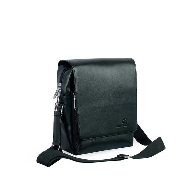 Premium Leather Brass Metal Nano Messenger Bag – Color: Black – View 2