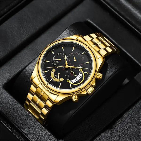 Nibosi 2522 High Quality Stainless Steel Analog Men's Watch  – Dial Color: Black Gold, Strap Color: Gold – View 2