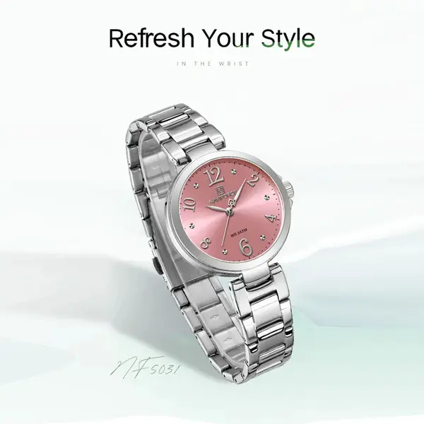 NAVIFORCE NF5031 Fashion Luxury Stainless Steel Women Watch – Dial Color: Pink, Strap Color: Silver – View 3